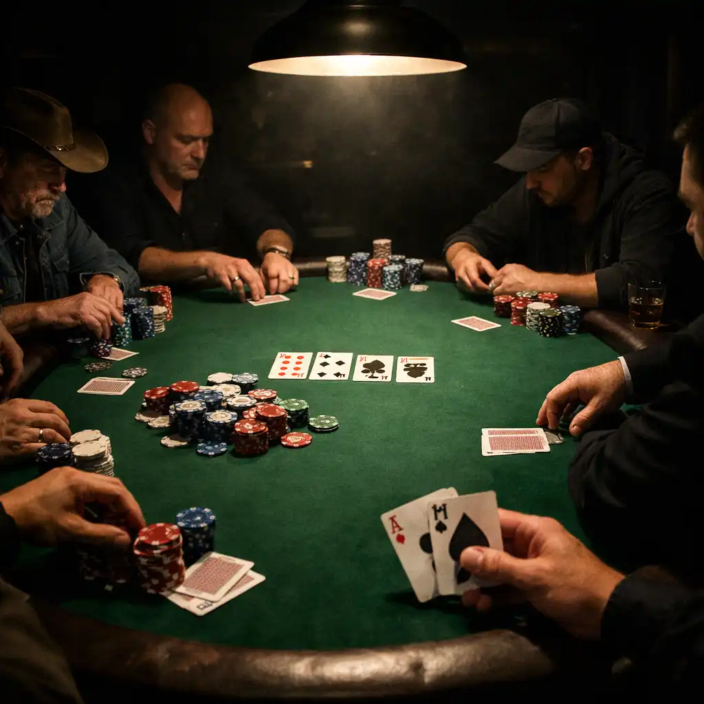 Wide-angle photograph of a card lounge during a poker game with players seated at a green felt table under dramatic lighting