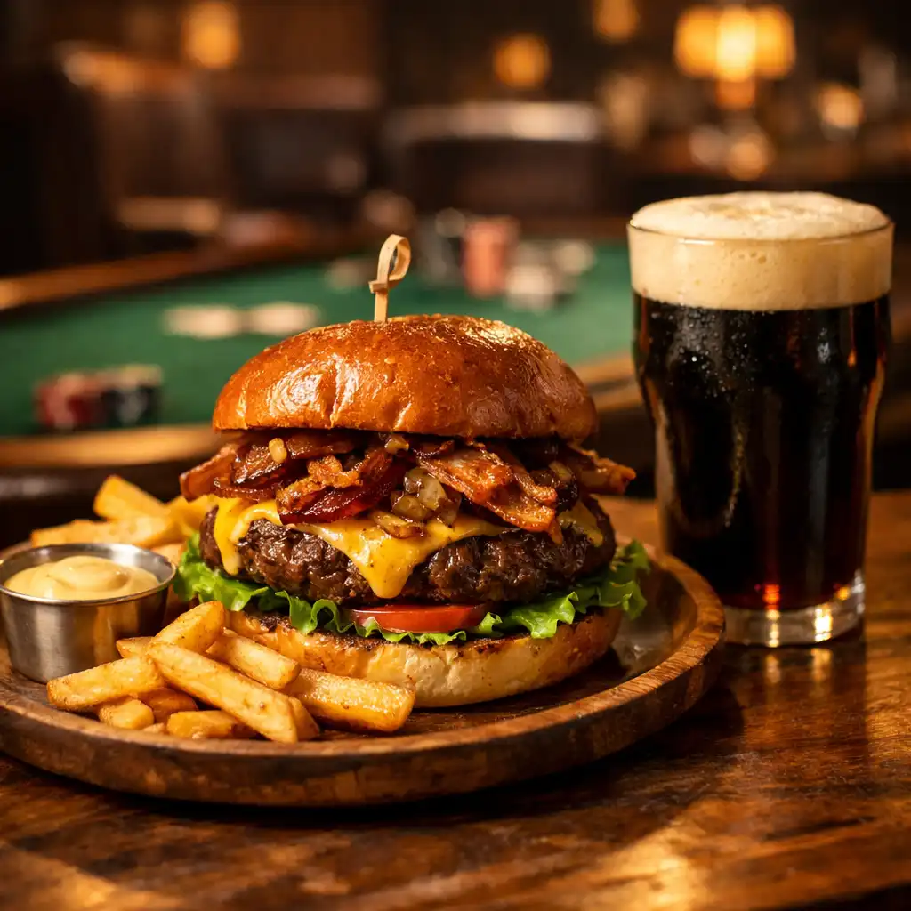 Gourmet burger and a glass of dark beer on a wooden table in a dimly lit lounge with a green felt poker table blurred in the background