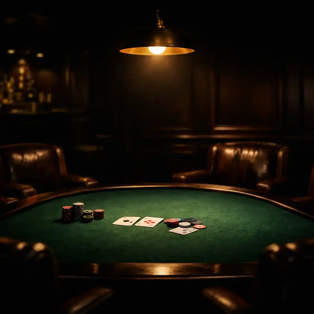 Moody premium card lounge interior with a green felt poker table under a warm amber overhead lamp