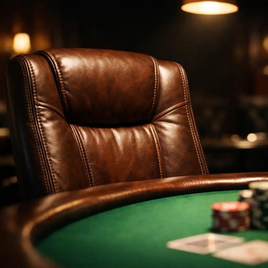 Close-up of premium poker lounge seating with a high-back leather chair at a green felt table