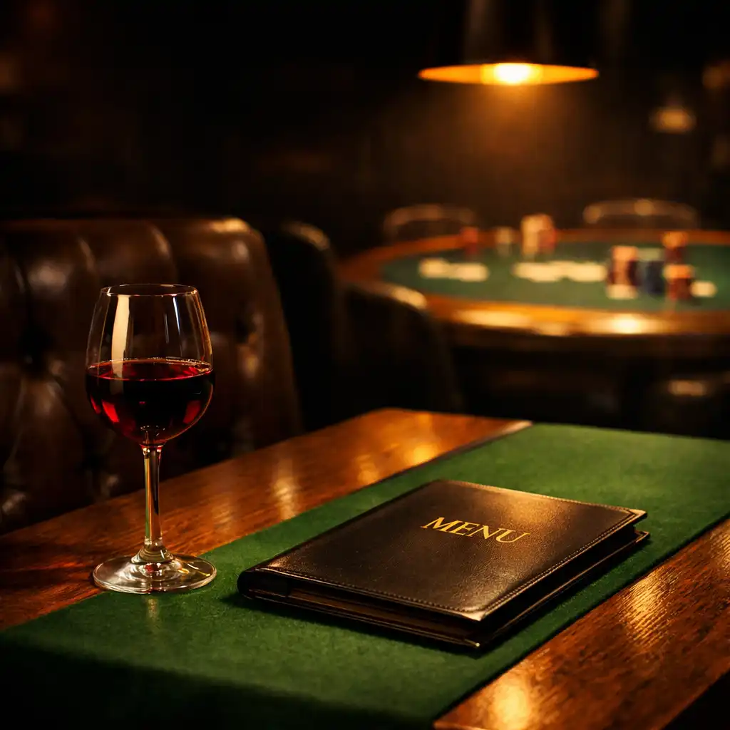 Close-up of a dining table in the dark poker-themed restaurant with leather booth, green felt runner, and a single amber spotlight overhead