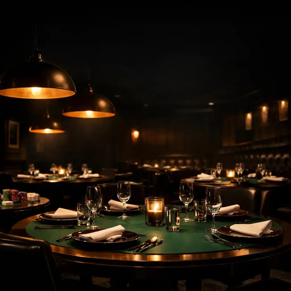 Dark moody dining room at Poker Alcove Orange with warm amber pendant lights over dark wood tables and green felt accents