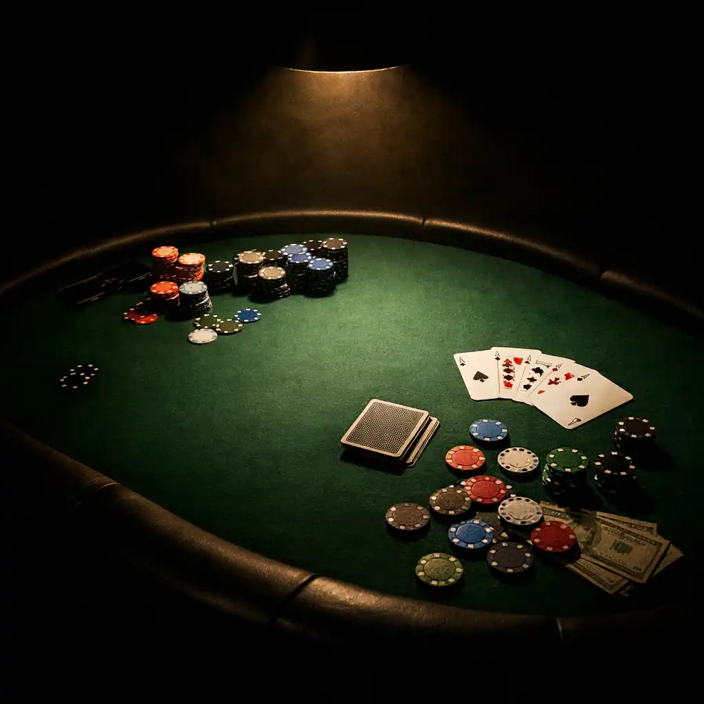 Professional poker table under a warm amber spotlight