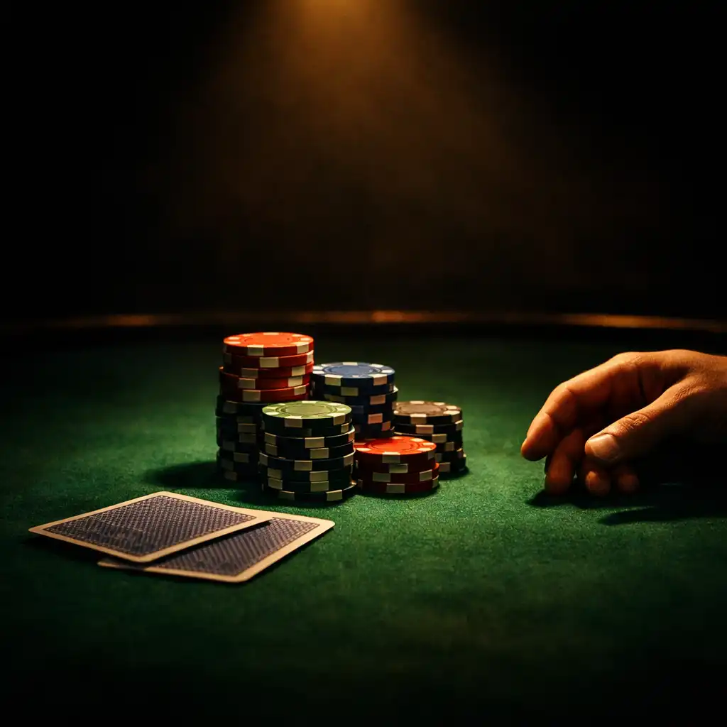 Dramatic poker table with deep green felt, chips, and cards under a single amber spotlight