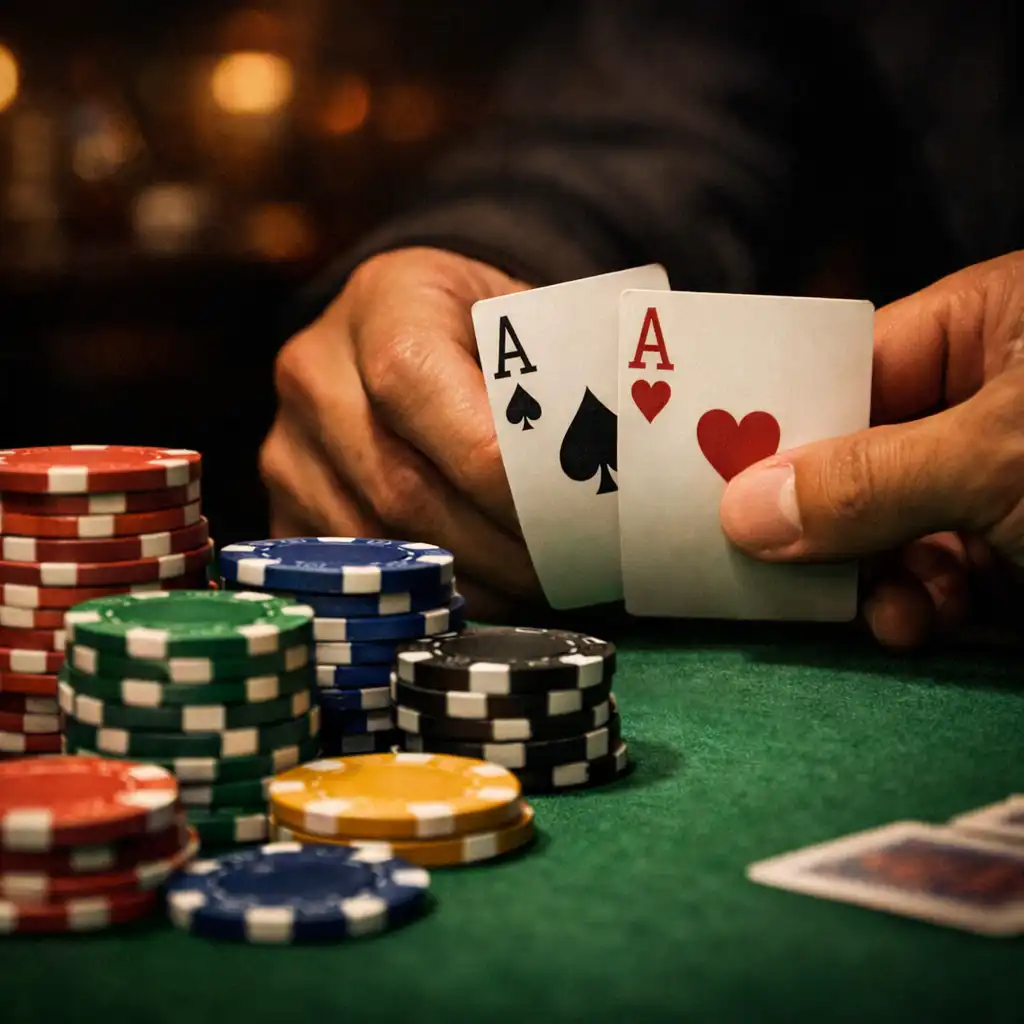 Close-up of a poker game with cards and chips on green felt