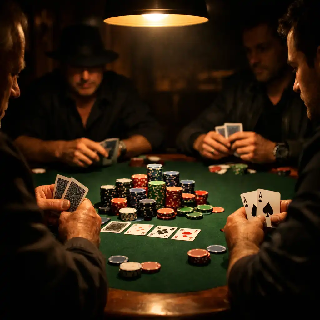 Serious poker players seated around a dimly lit table with chips and cards