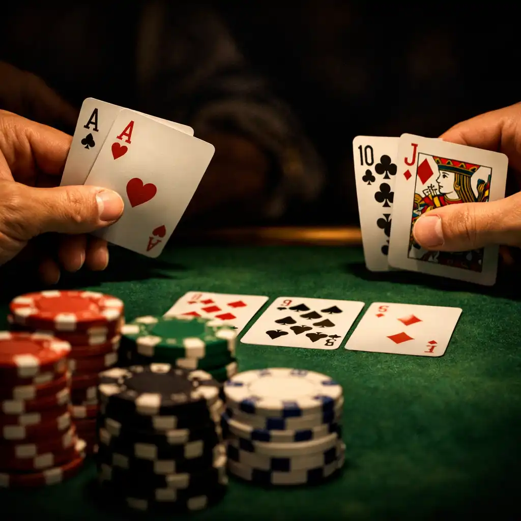 Players' hands holding cards over a green felt table with chips in the foreground