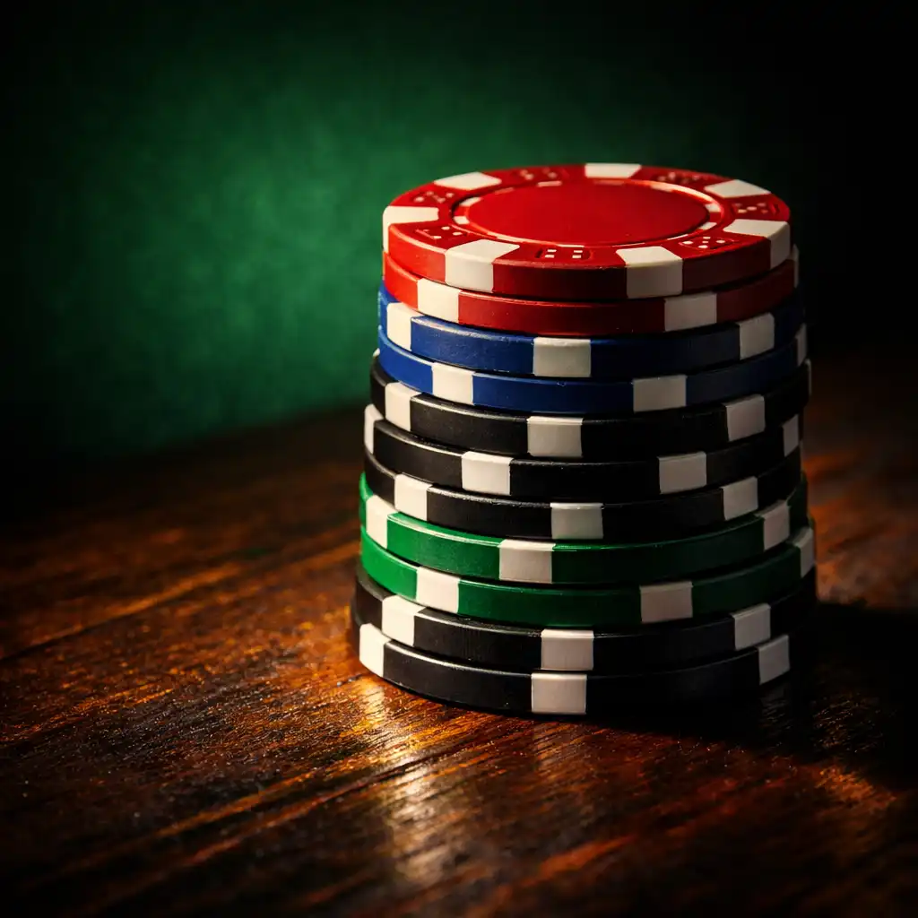 A neat stack of poker chips on a dark wooden table with green felt background