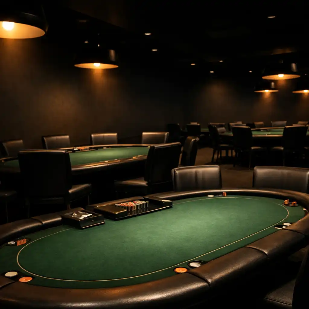 Professional felt poker tables under warm amber spotlights in the Poker Alcove Orange room