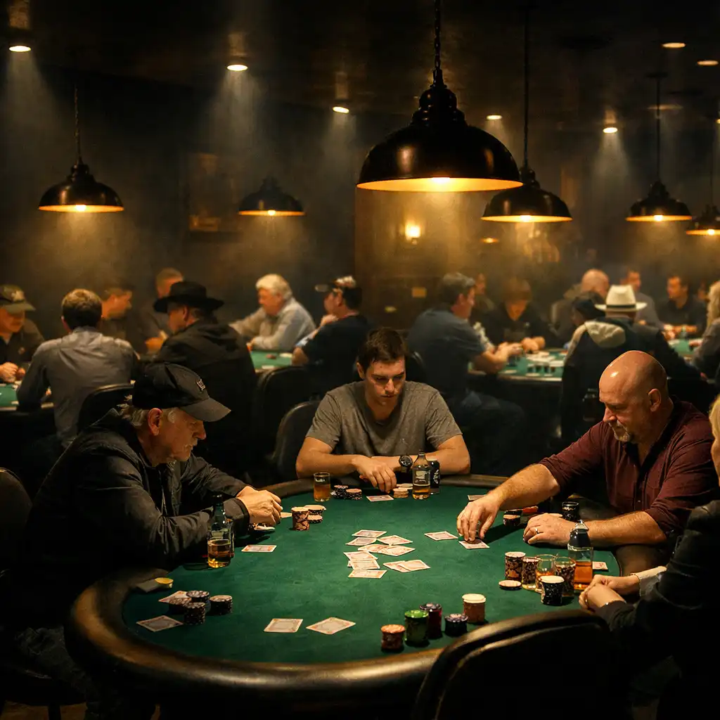 Wide interior view of the Poker Alcove Orange poker room with multiple tables under warm amber spotlights