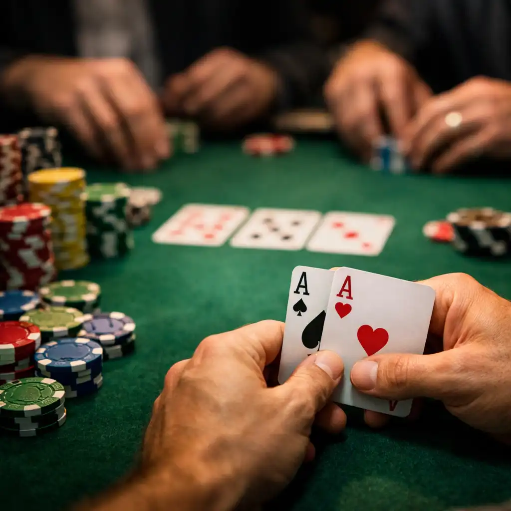 Close-up of a poker tournament in progress with hands holding cards and stacks of colourful chips
